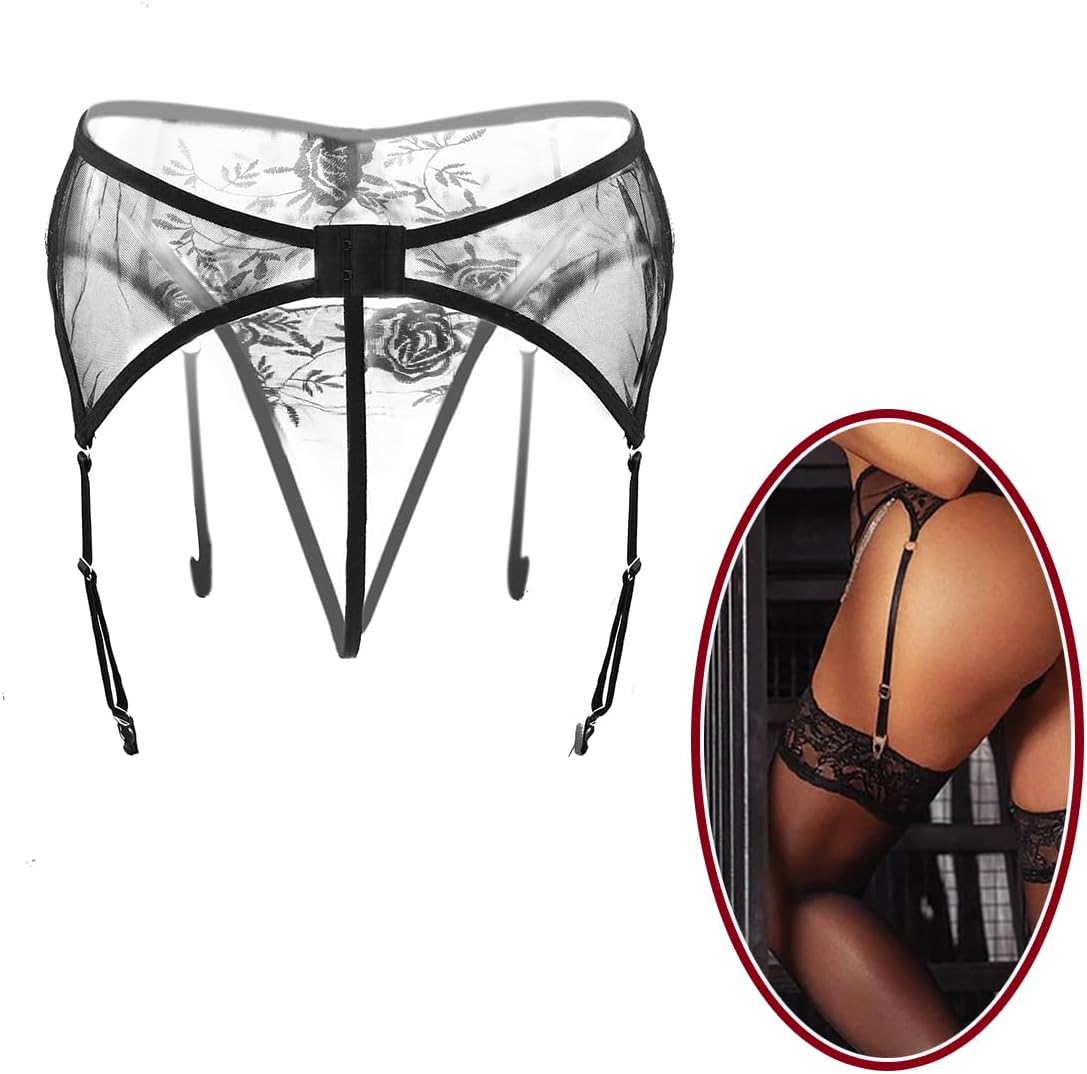 Lace Garter Belt Thong Set for Women Suspender Lingerie with 4 Metal Clips Holder Belts for Stockings+G-string - Image 6
