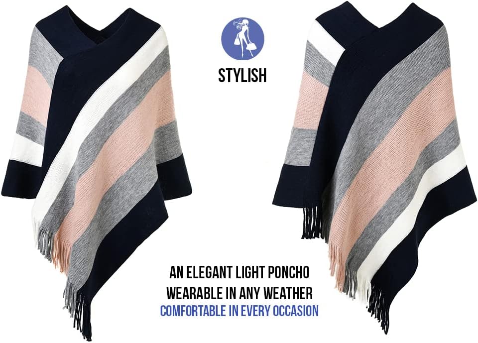 Ferand Women's Striped Poncho Sweater Cozy Knit Fringe Shawl Wraps for Fall Winter - Image 3