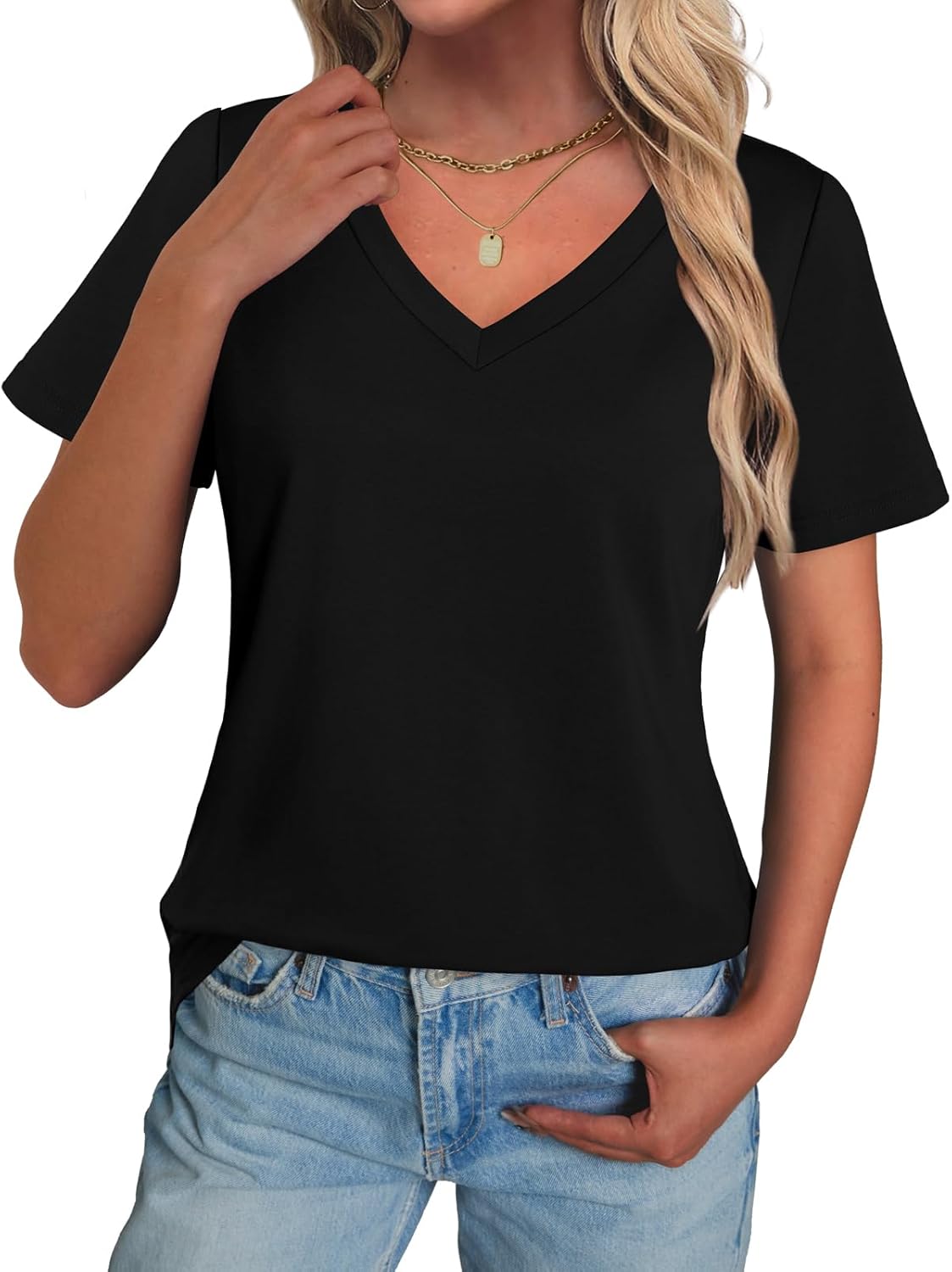 GKBK Womens T Shirts V Neck Short Sleeve Cotton Tops Summer Curved Hem Trendy Basic Tee Shirt S-XXL - Image 2