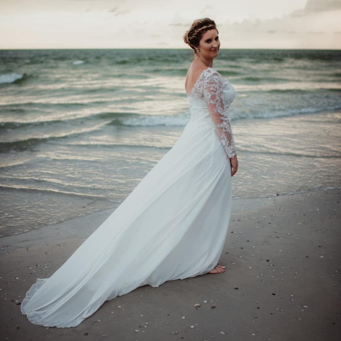 Findlovewedding Wedding Dresses for Bride with Lace Appliques Chiffon A Line Women Dress Long Sleeves Beach Bride Dress - Image 6