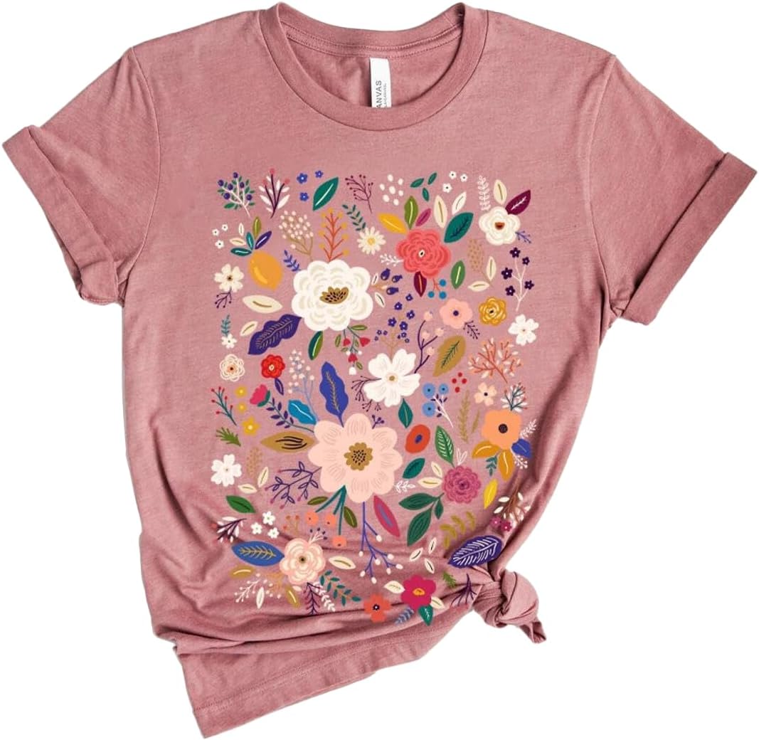 Women Boho Wildflowers Cottagecore Shirt Vintage Butterfly Floral Botanical Graphic Tees Garden Lover Tops
