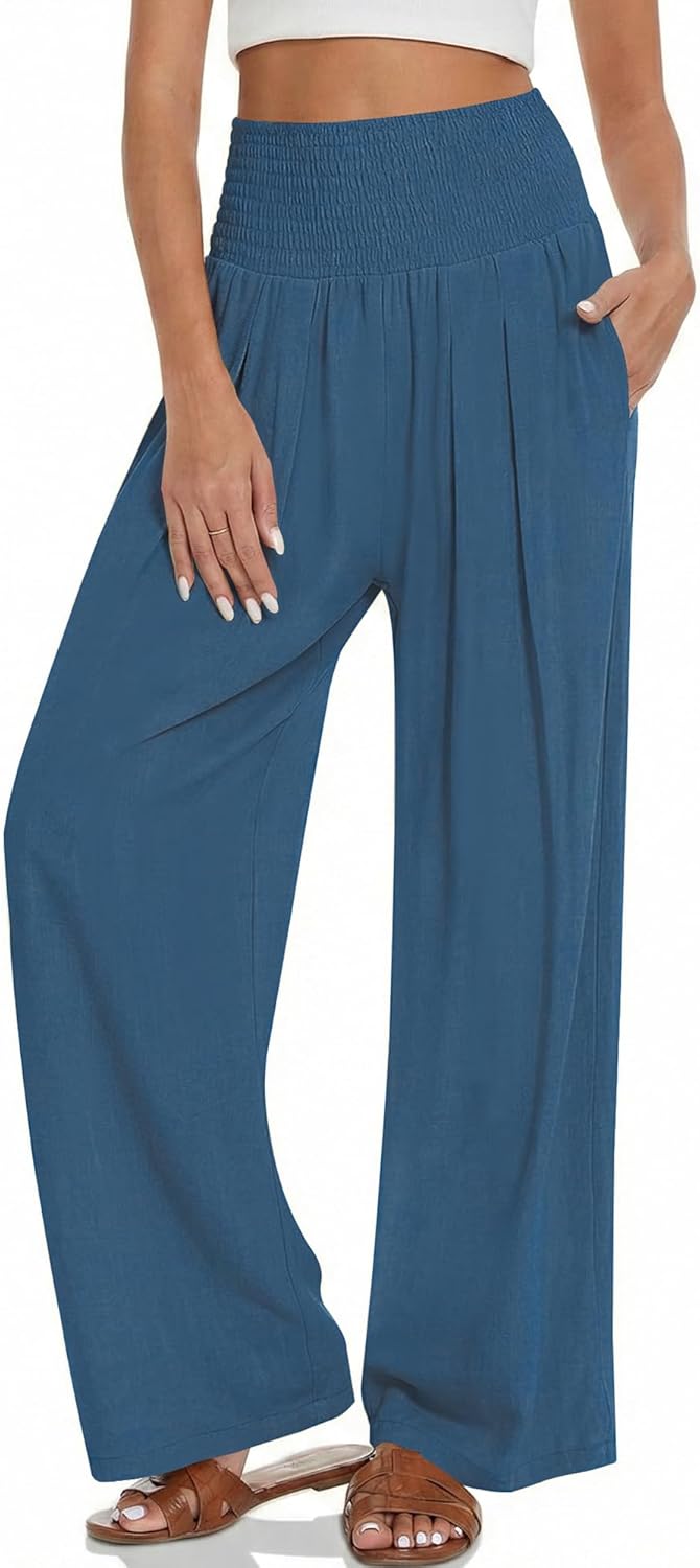 Women Wide Leg Casual Pants High Waist Palazzo Pants Summer Lounge Trousers with Pockets
