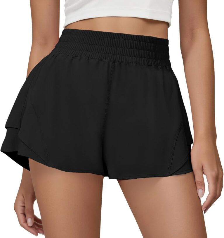 FireSwan Running Shorts for Women 2 in 1 High Waisted Quick Dry Butterfly Flowy Athletic Gym Yoga with Pockets
