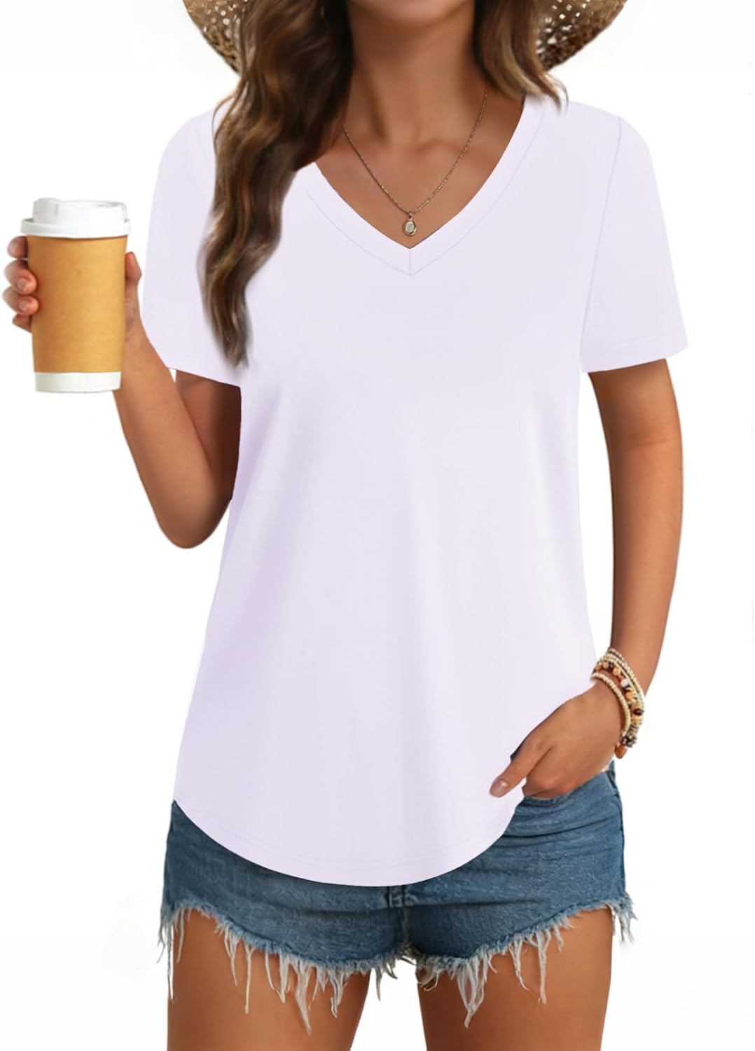 GKBK Womens T Shirts V Neck Short Sleeve Cotton Tops Summer Curved Hem Trendy Basic Tee Shirt S-XXL