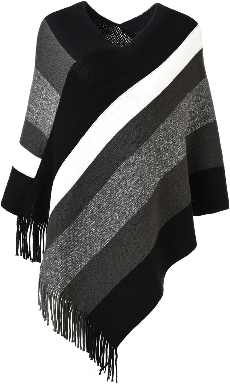 Ferand Women's Striped Poncho Sweater Cozy Knit Fringe Shawl Wraps for Fall Winter
