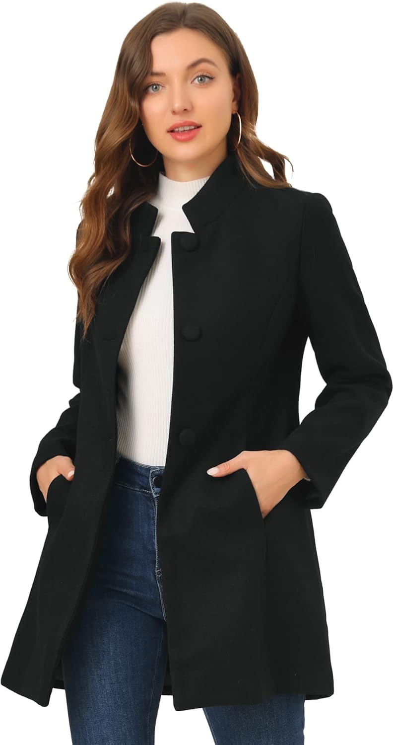 Allegra K Women's Winter Overcoat Mid-Long Stand Collar Single Breasted Coat Outerwear