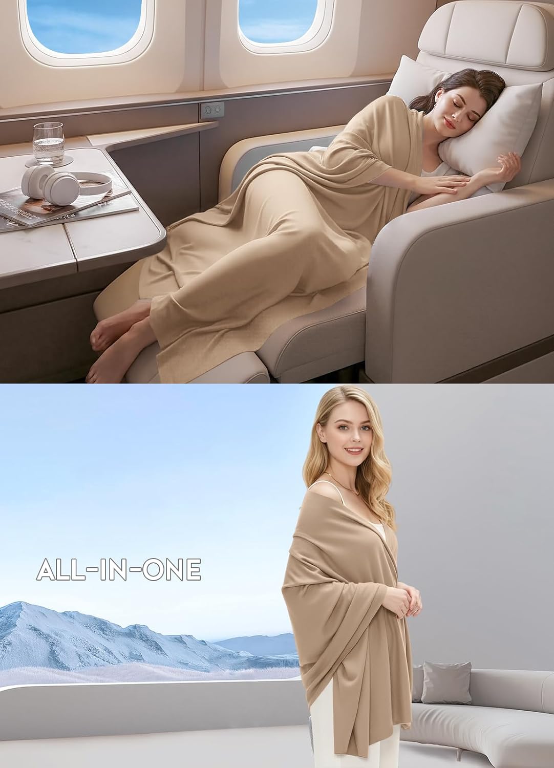 Women's Wool Blend Travel Scarf Lightweight Breathable Wrap Pashmina Airplane Blanket Shawl - Image 6