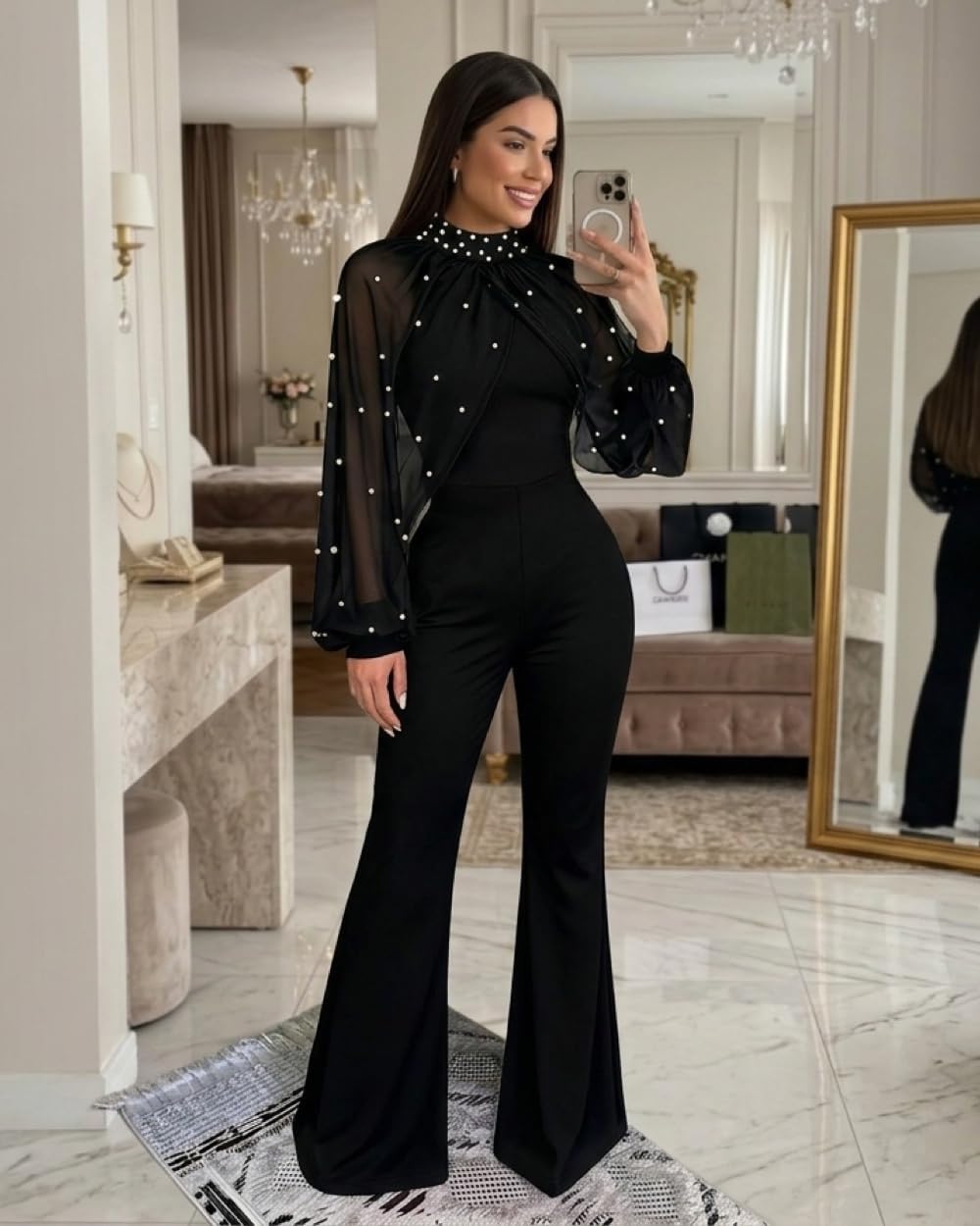 Jumpsuits for Women Pearls Decor Mock Neck Lantern Long Sleeve Flared Zipper Back One Piece Party Outfits - Image 7