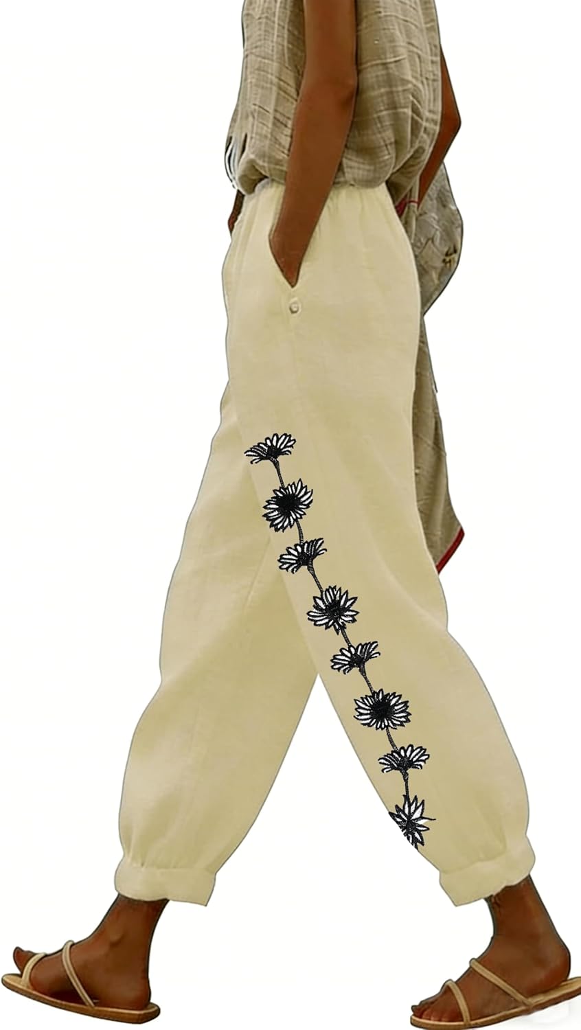 LOVESHOOT Women Linen Pants Summer 2026 High Waist Comfy Gauze Slacks Lightweight Casual Loose Trousers with Pockets