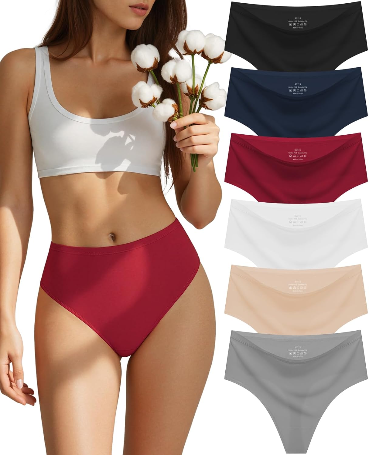 sosusu Seamless Underwear for Women Cotton Thongs High Waisted Soft Breathable No Show Panties Invisible Stretch 6 Pack