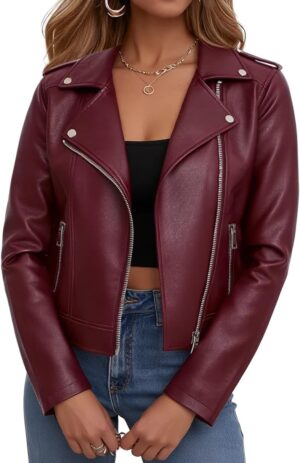 Women Leather Jacket Faux Cropped C...