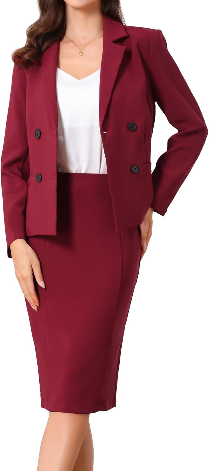 Allegra K Business Skirt Suit Set for Womens 2 Piece Long Sleeve Work Blazer Jacket Outfits Pencil Skirts Set