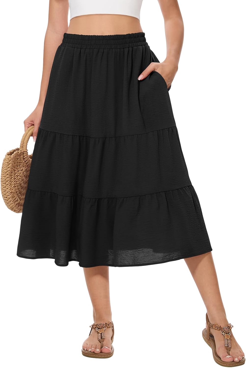 Women's Summer Midi Skirt Tiered Flowy High Waist A-Line Elastic Ruffle Casual Skirts with Pockets
