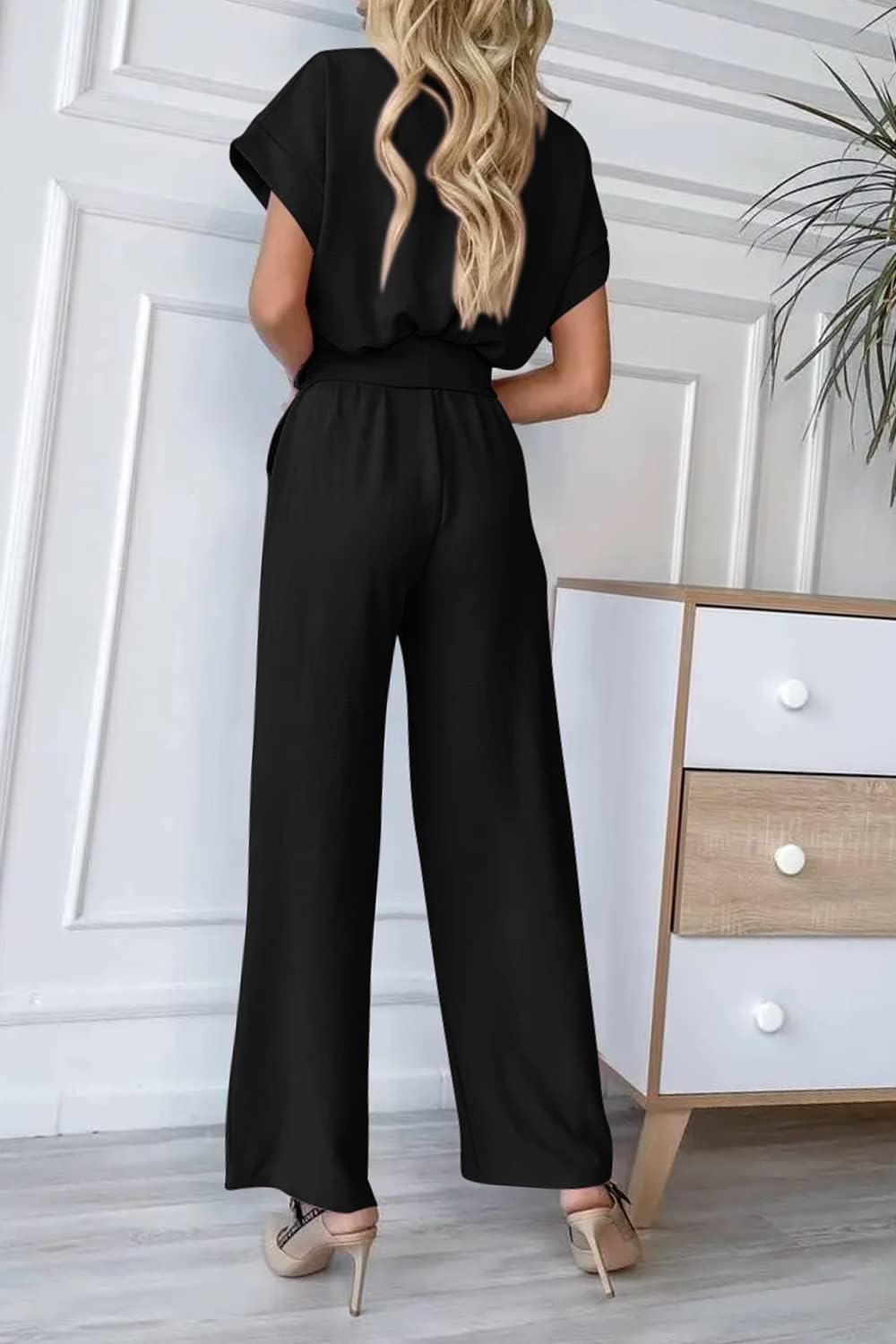 PRETTYGARDEN Women's One Piece Jumpsuits Dressy Casual Summer Short Sleeve Wrap V Neck Wide Leg Pants Romper Spring Clothes - Image 3