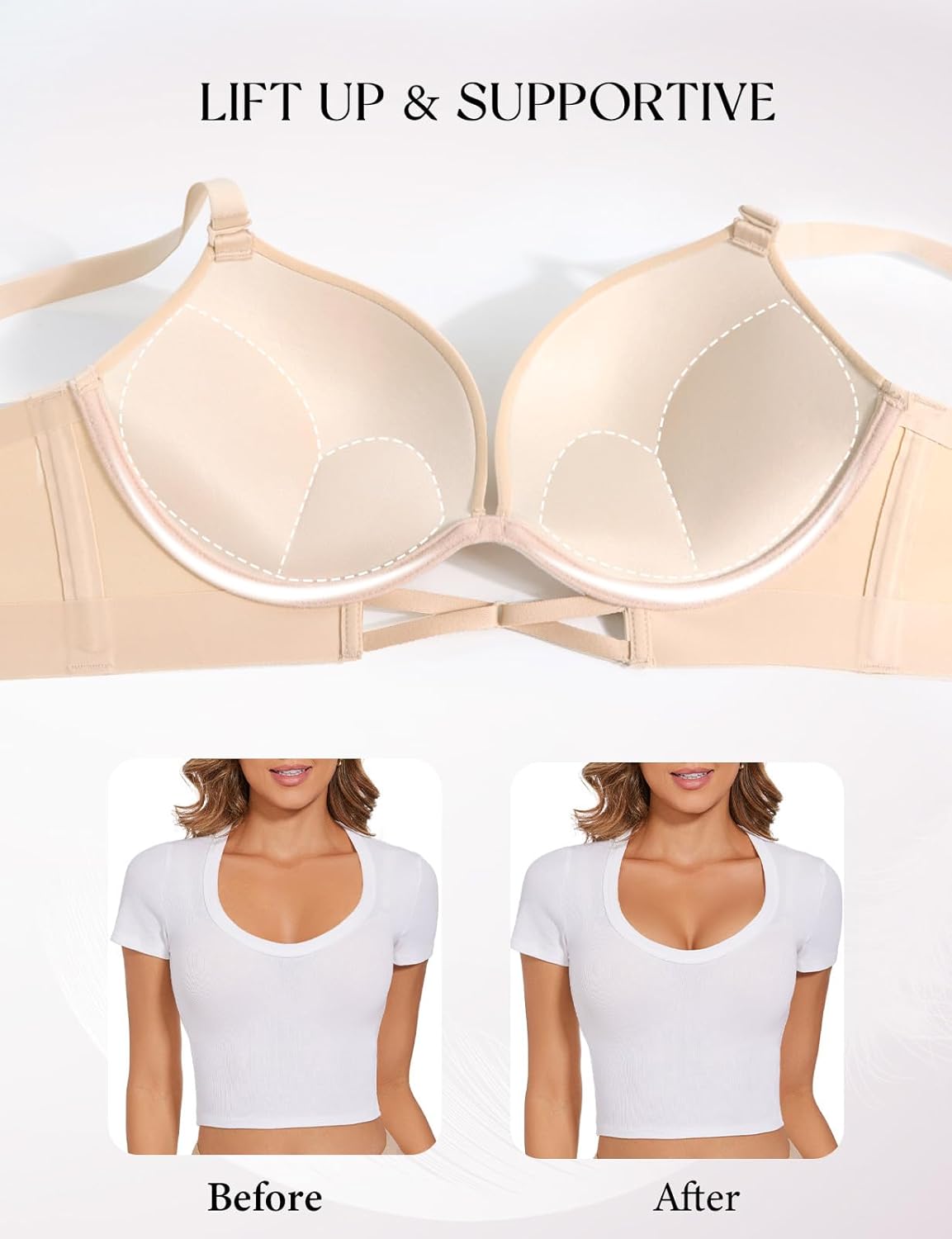 Upushall Push Up Padded Bras for Women Add 2 Cups Plunge T Shirt Everyday Bra Seamless Underwire Support - Image 2