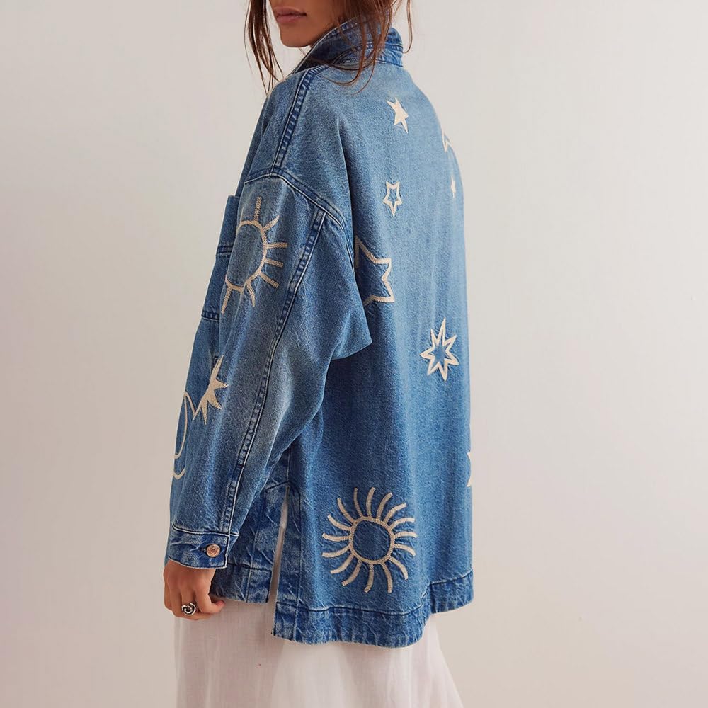 utcoco Women's Vintage Oversized Denim Jacket Embroidered Graphic Casual Loose Fit Button Down Jean Jacket - Image 5
