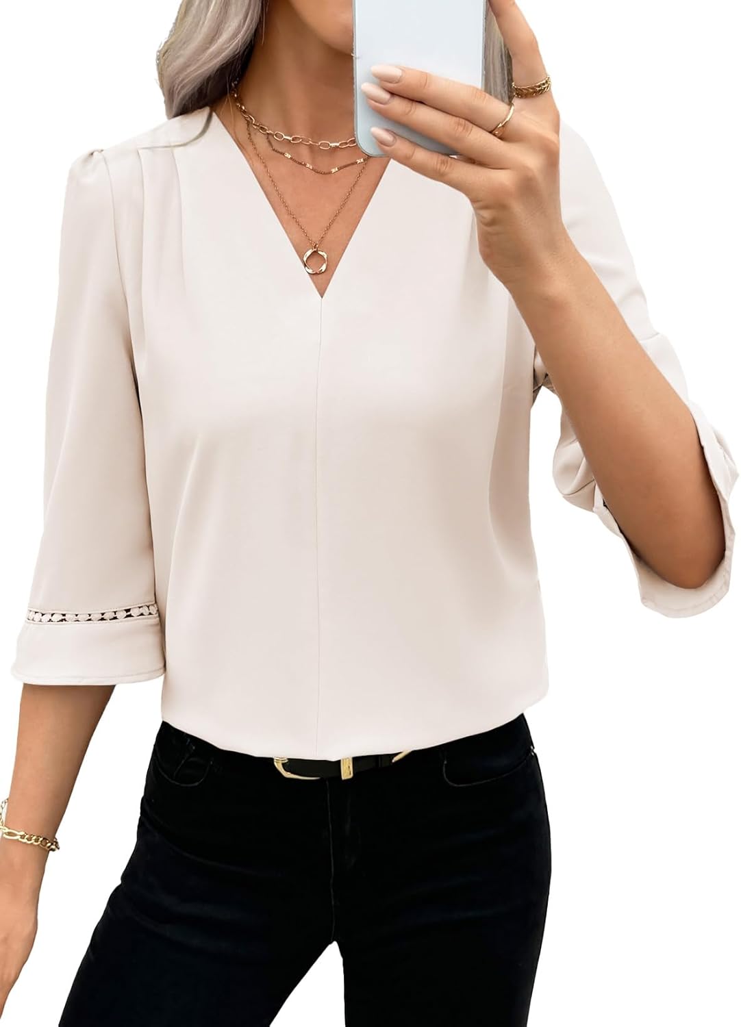 EVALESS Women's 3/4 Sleeve Tops Dressy Casual Pleated V Neck Business Work Blouses Office Shirts - Image 3