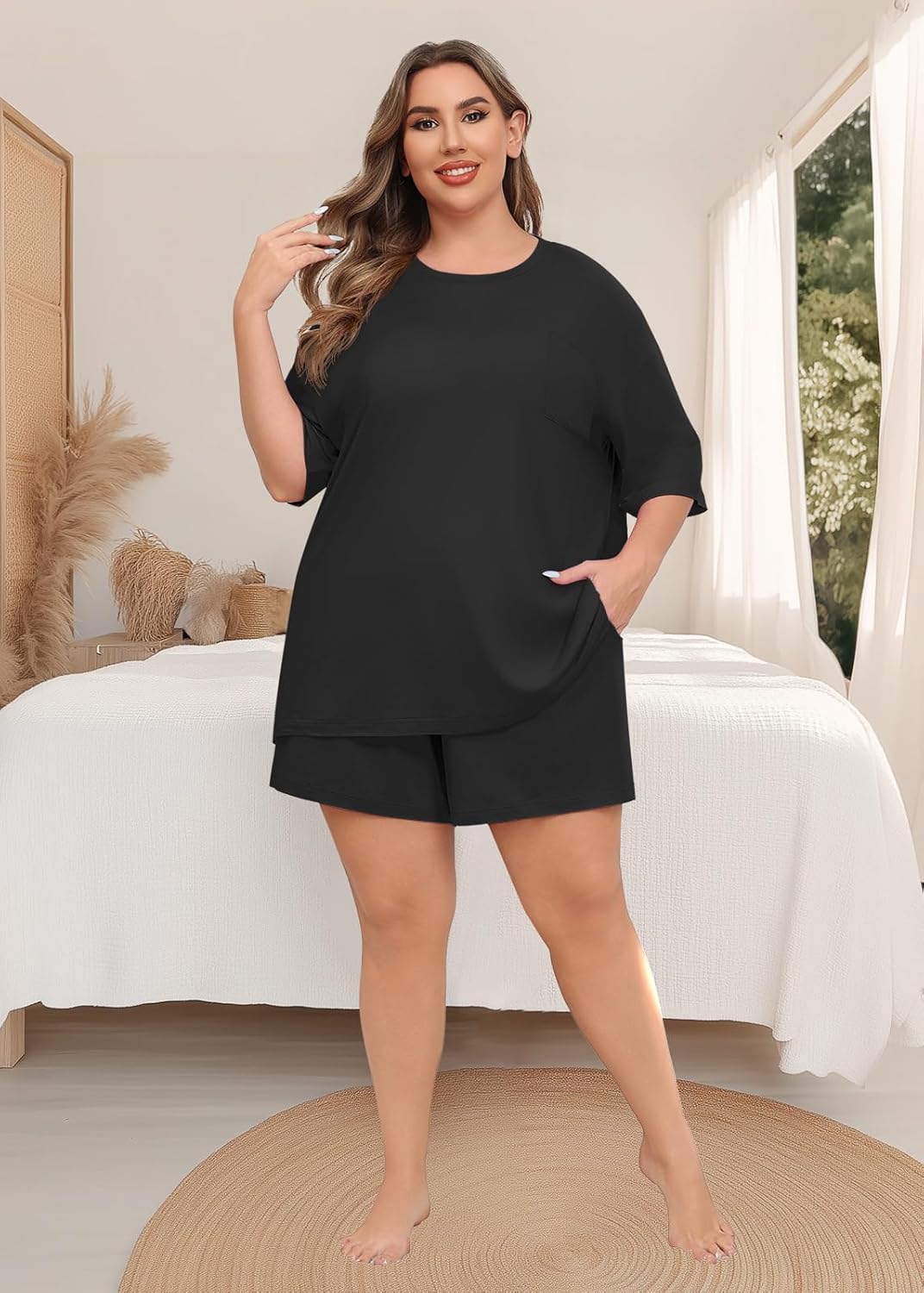 Lastshe Womens Plus Size Pajama Set 2 Piece Soft Short Sleeve with Pockets Summer Shorts Sleepwear Knit Pjs Lounge Set - Image 5