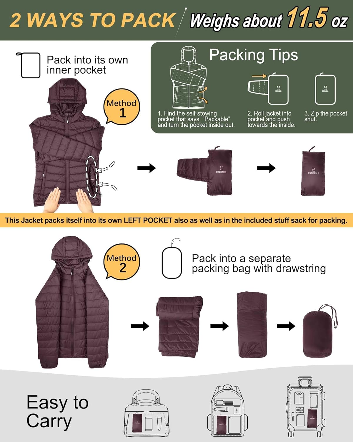 Outdoor Ventures Women's Packable Lightweight Full-Zip Puffer Jacket with Hood Quilted Winter Coat - Image 2