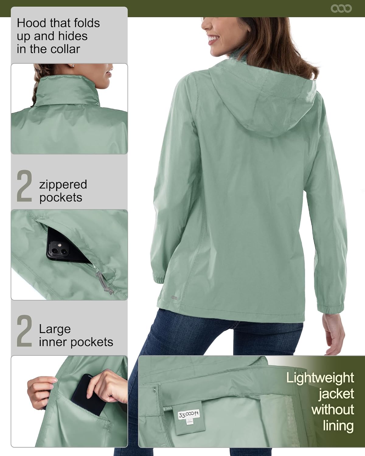 33,000ft Women's Rain Jacket Waterproof Lightweight Packable Raincoat with Hood for Golf Hiking Travel Windbreaker - Image 5