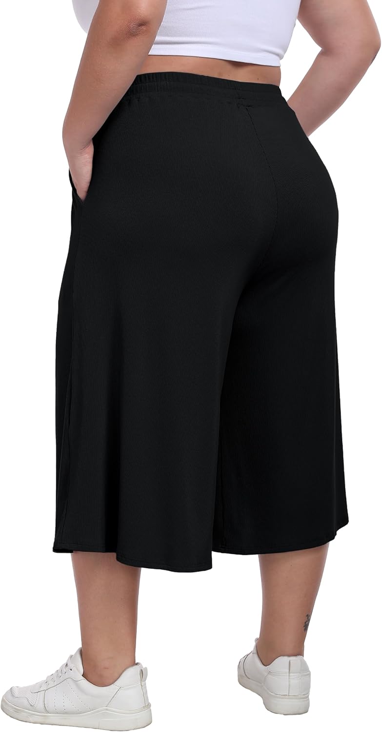 Cheapestbuy Women's Plus Size Wide Leg Capris Summer Palazzo Lounge Cropped Pants Casual Flowy Capri Pants with Pockets - Image 3