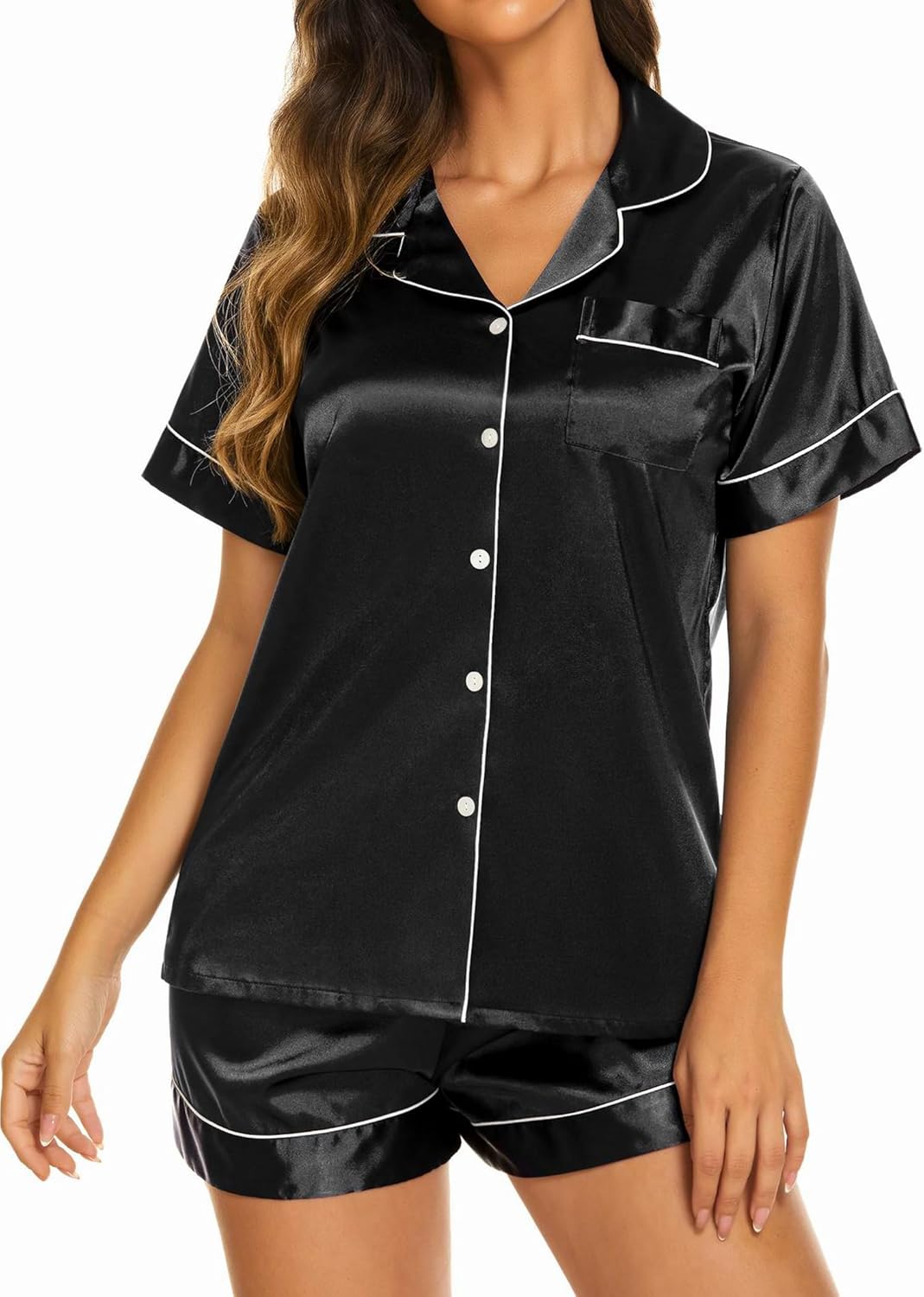 Ekouaer Silk Pajamas for Women Short Sleeve Sleepwear Soft Button Down Loungewear 2 Piece Satin Pjs Shorts Set - Image 3