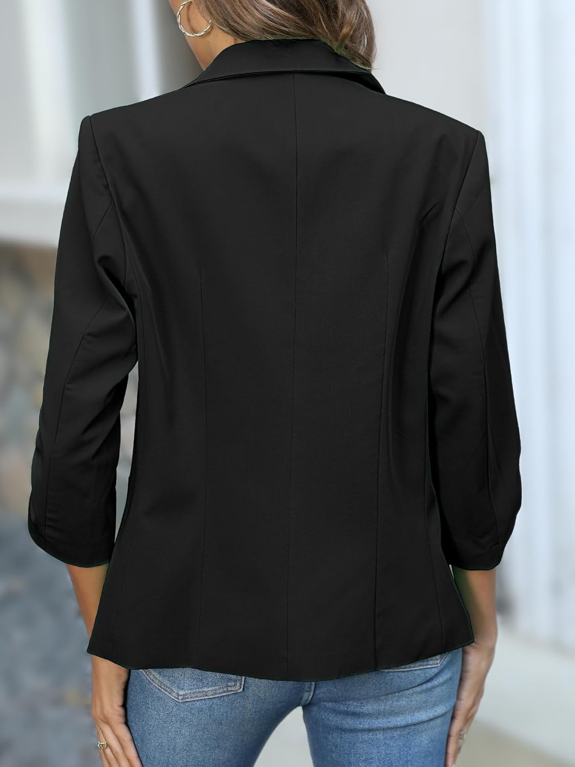 ELLEVEN Women's Ruched 3/4 Sleeve Blazers, Lightweight Slim Fit Jackets with Padded Shoulder for Business Casual - Image 3