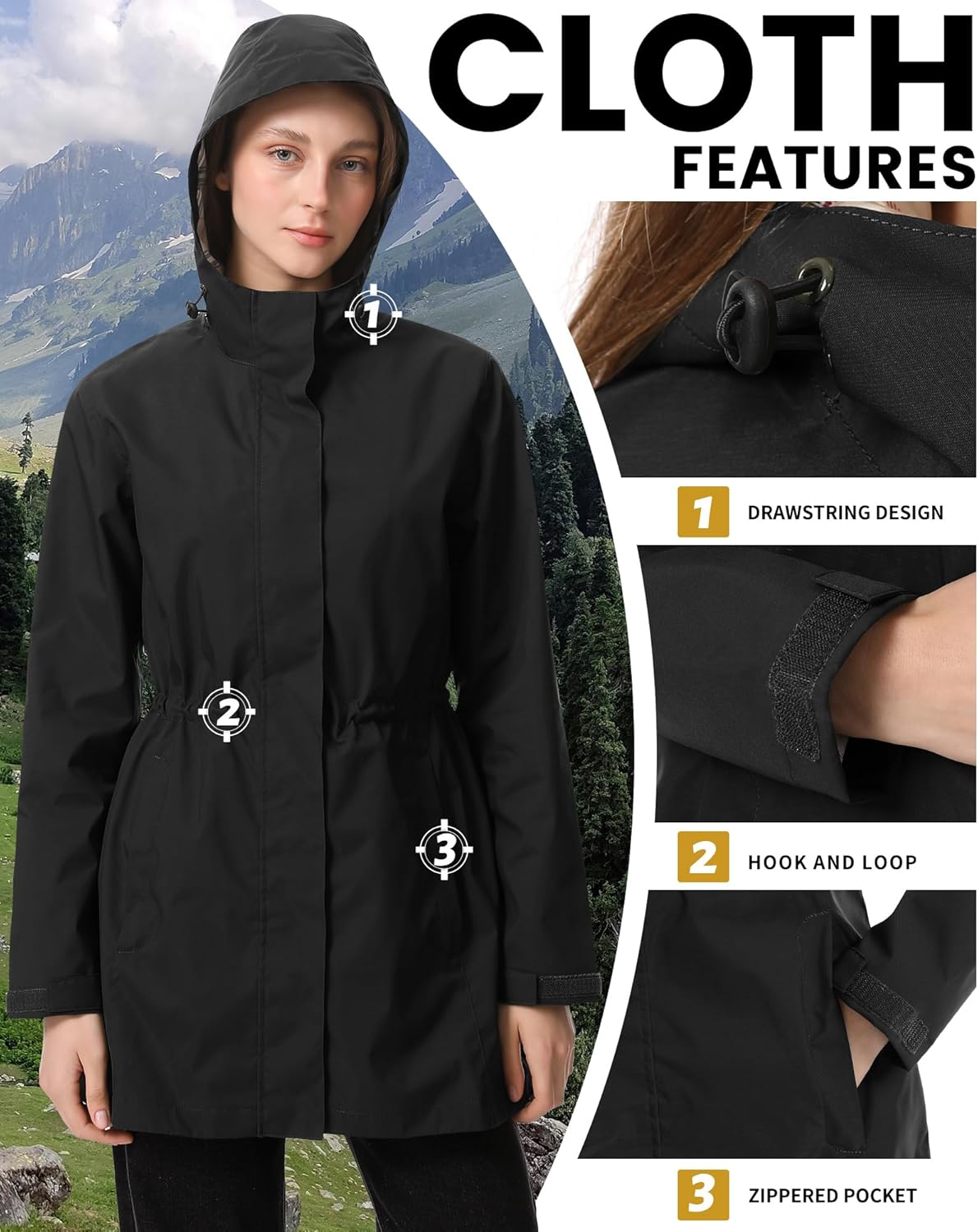 iCreek Women's Rain Jacket Packable Long Raincoat Hooded Plaid Lined Trench Coat Waterproof Windproof Lightweight for Outdoor - Image 3