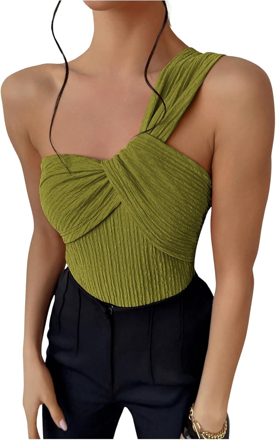 OYOANGLE Women's One Shoulder Going Out Bodysuit Tops Asymmetrical Textured Sleeveless Concert Tank Tops