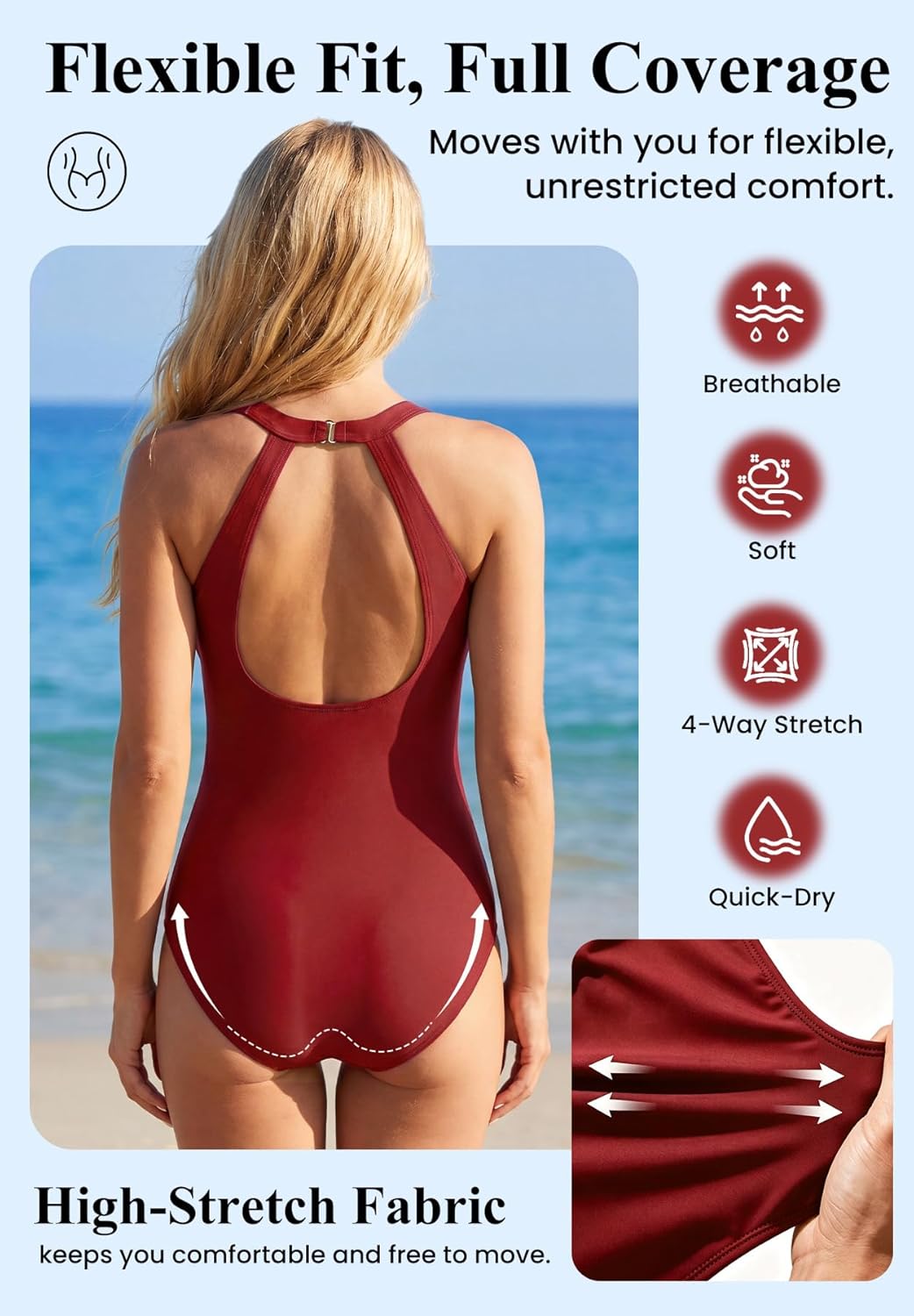 Zando 2026 Womens One Piece Swimsuits Tummy Control - High Neck Deep U-Back & Mesh Detail Bathing Suit - Image 5