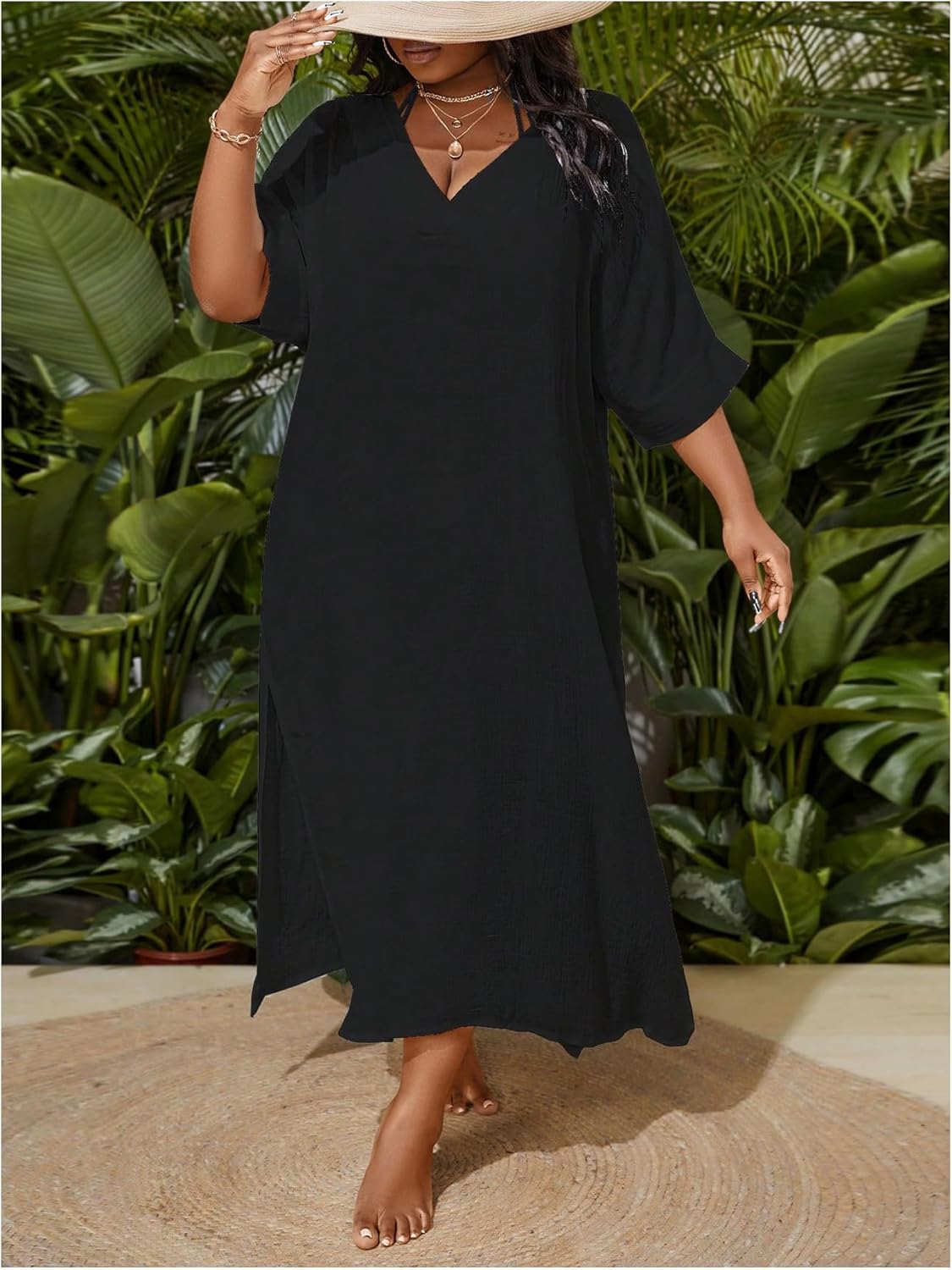 WDIRARA Women's Plus Size Swimwear V Neck Half Sleeve Split Side Cover Up Beach Dress - Image 4