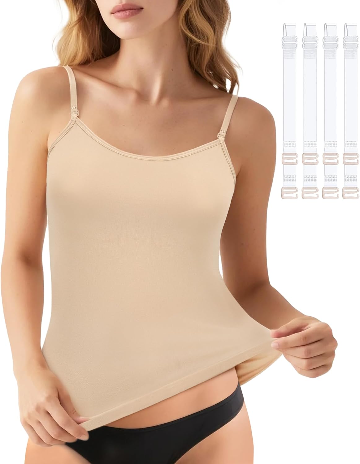 iMucci Camisole Tops for Women Nude Tank Top Double Lined Scoop Neck Spaghetti Strap Tank Top with Adjustable Clear Straps