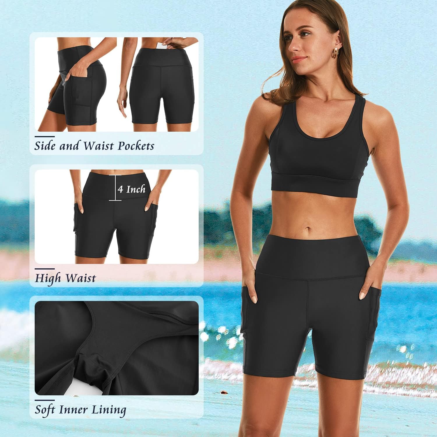 HODOSPORTS Women's 3''/5''/7''/9''/12'' Swim Board Shorts UPF50+ High Waisted Quick Dry Swimsuit Bottoms with Pockets Liner - Image 5