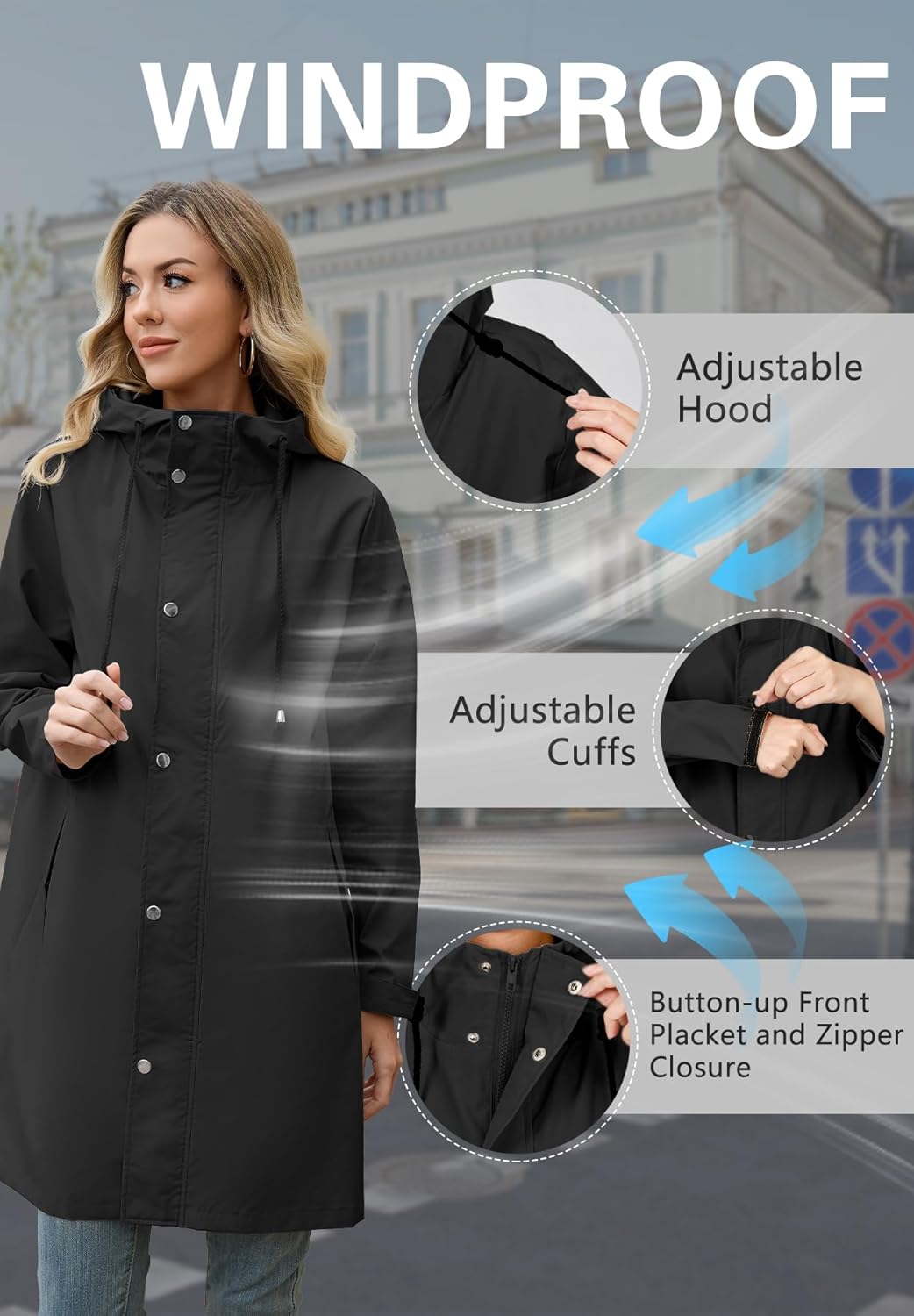 Zando Long Packable Rain Jacket Women Waterproof - Raincoat for Women Rain Coat with Hood Lightweight Outdoor Windbreaker - Image 5