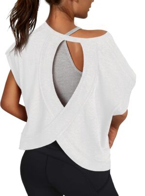 Women Open Back Workout Shirts Shor...