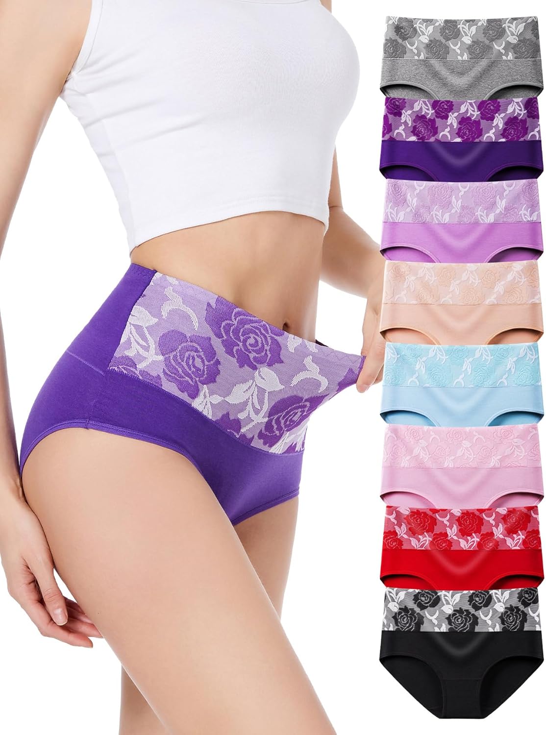 HAVVIS Women's Briefs Underwear Cotton High Waist Tummy Control Panties Rose Jacquard Ladies Panty Multipack