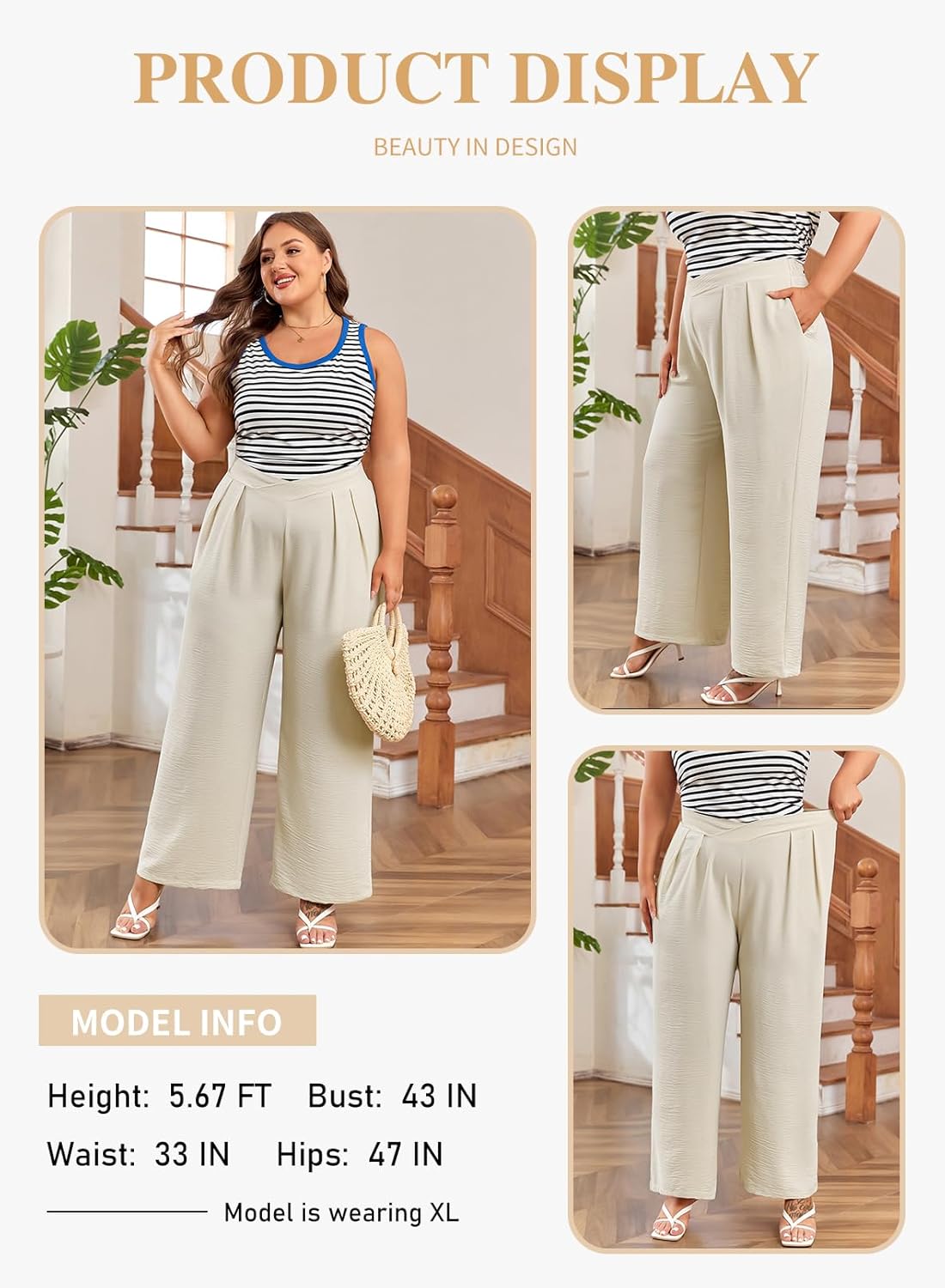 Eytino Womens Plus Size Wide Leg Pants Crossover Waist Pleated Front Casual Work Pants Lounge Trouser with Pockets(1X-5X) - Image 4