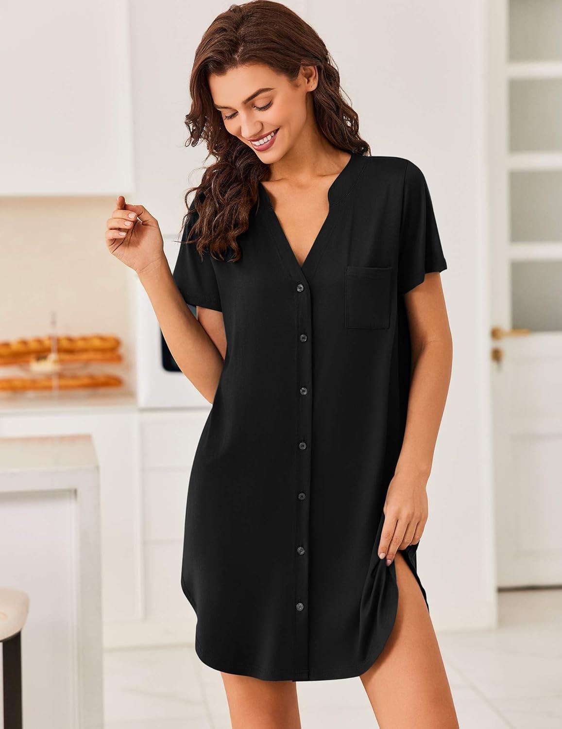 Ekouaer Women V Neck Button Down Nightgown - Image 2