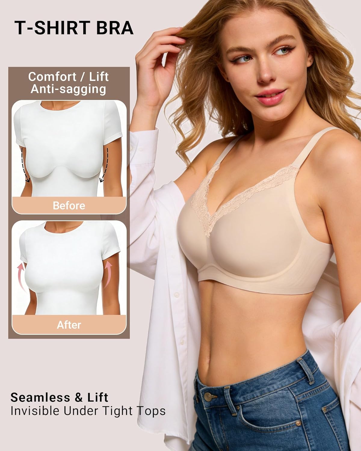 HORISUN Wireless No Underwire Bra for Women V-Neck Lace Trim Jelly Supportive Seamless Bra Comfortable Tshirt Bralette - Image 4
