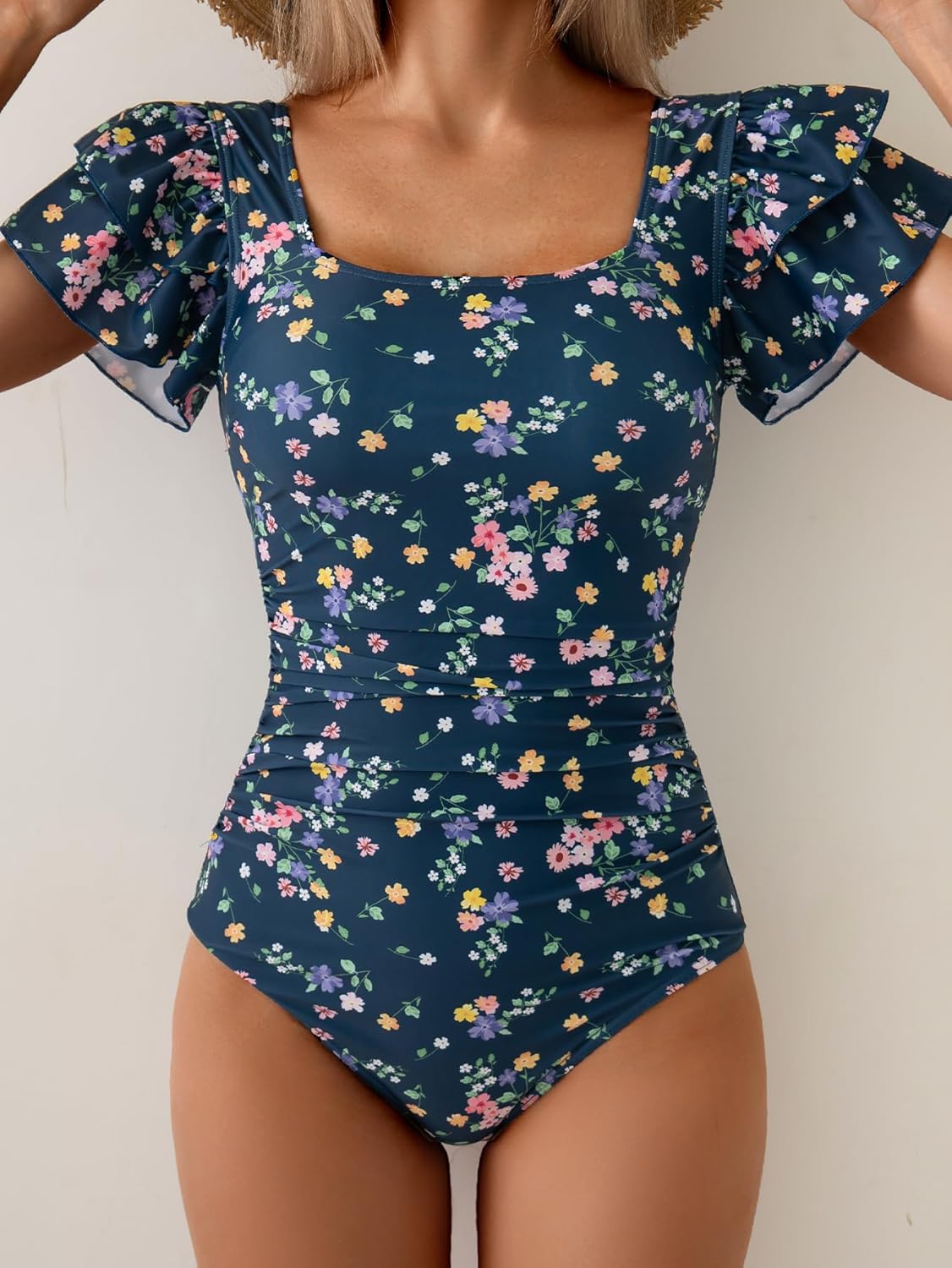 Eomenie Women's Tummy Control One Piece Swimsuit Ruffle Square Neck Bathing Suit Ruched Cutout Back Slimming Swimwear - Image 5