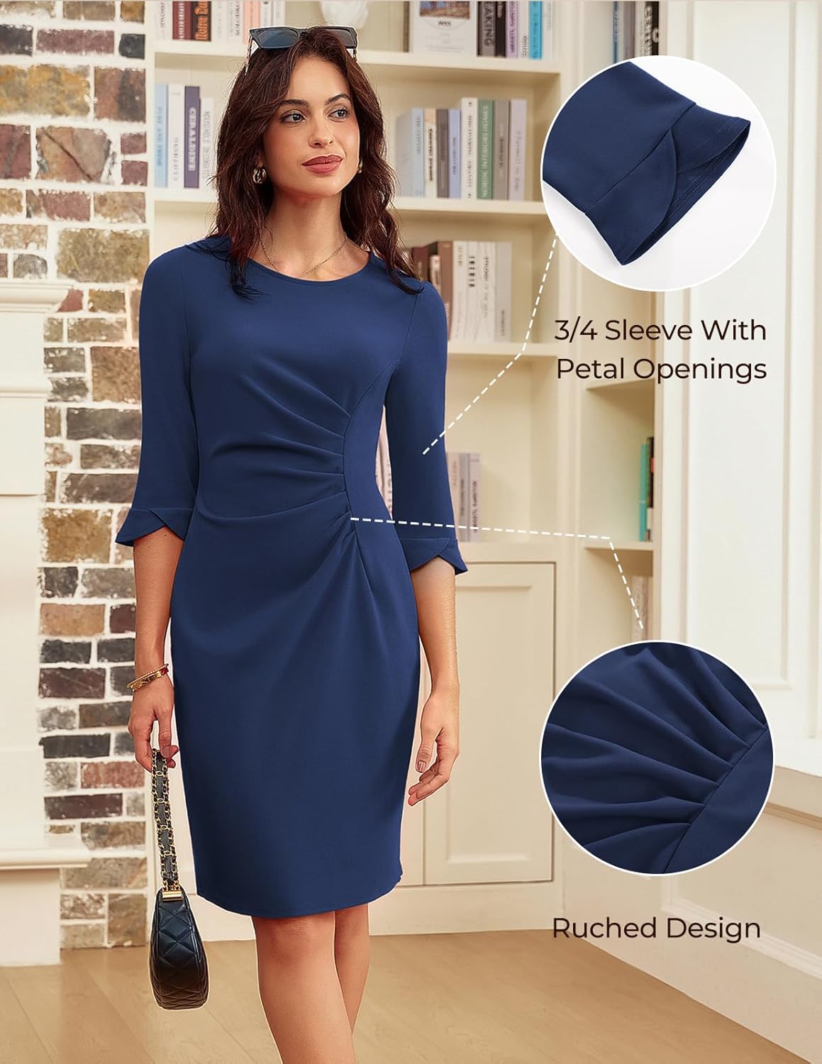 GRACE KARIN Work Dresses for Women 2026 3/4 Sleeve Sheath Business Dress Ruched Bodycon Church Cocktail Outfits - Image 4