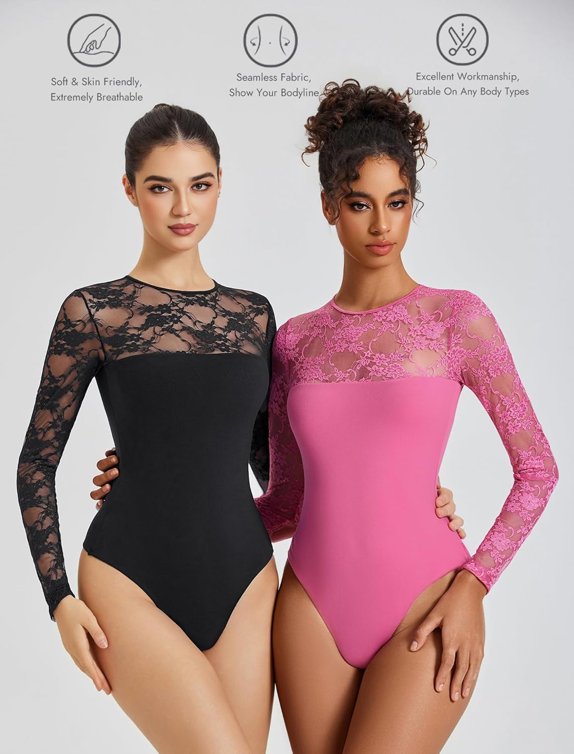 Avidlove Lace Long Sleeve Bodysuit for Women Crew Neck Body Suits Slimming Going Out Concert Tops Fall Outfits - Image 3