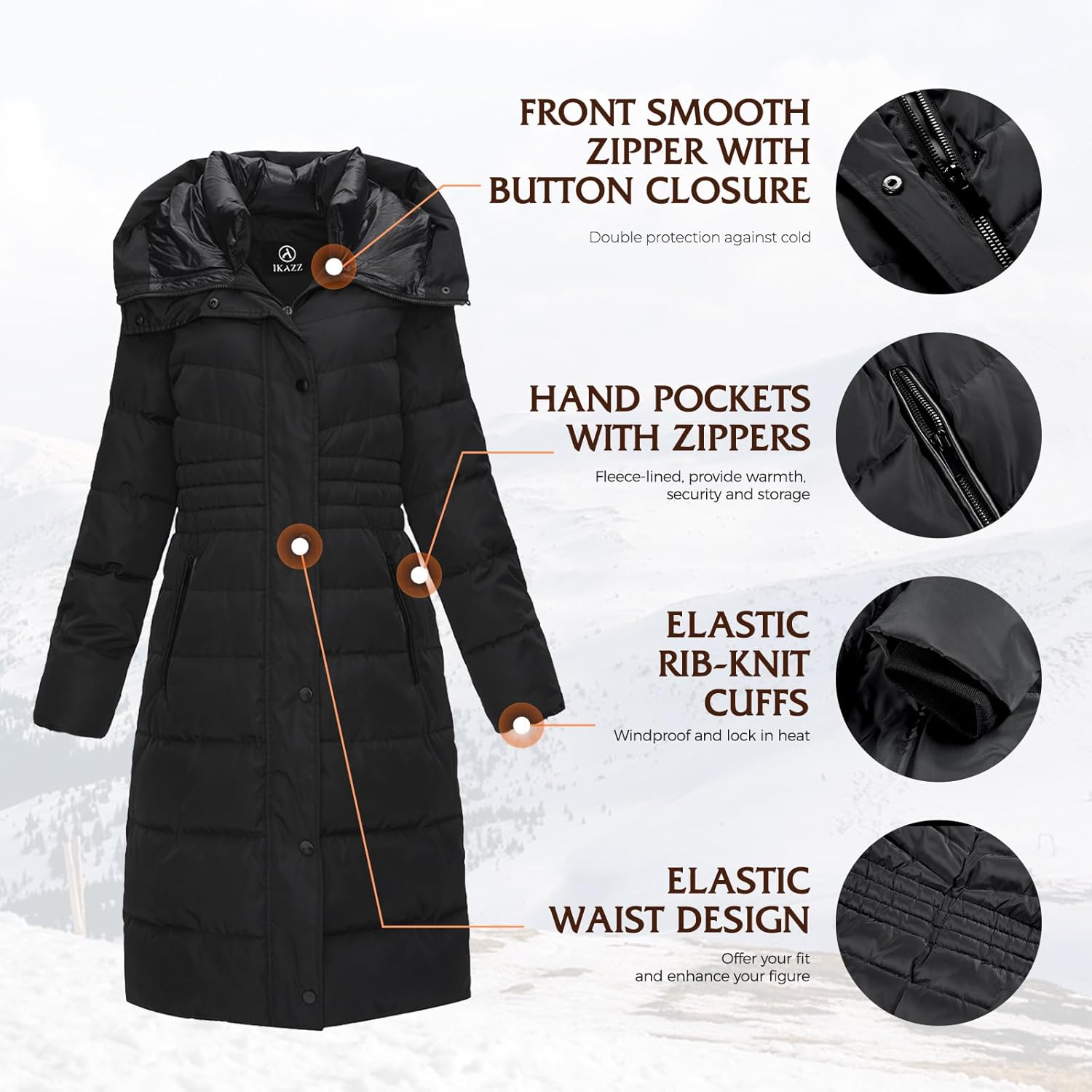 IKAZZ Women's Winter Coats, Thickened Warm Insulated Vegan Down Long Parka Jacket with Hood - Image 4