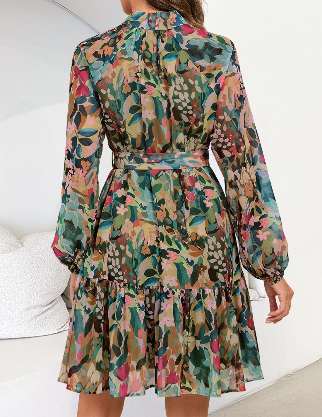 ZESICA Womens Spring Summer Floral Mini Dress Long Sleeve Button Chiffon A Line Swing Short Wedding Guest Party Dresses - Image 5