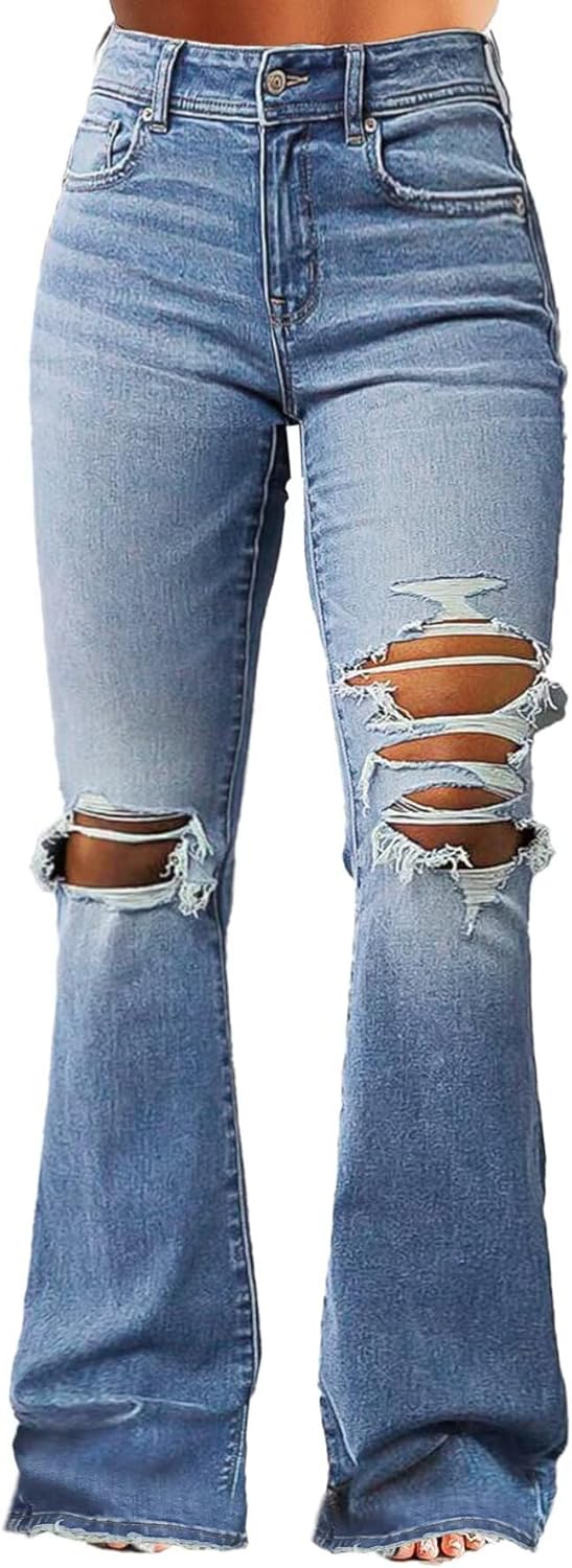 Flamingals Women's Bell Bottom Jeans Flared Ripped Stretchy Mid Rise Cut Out Distressed Denim Bootcut Jeans