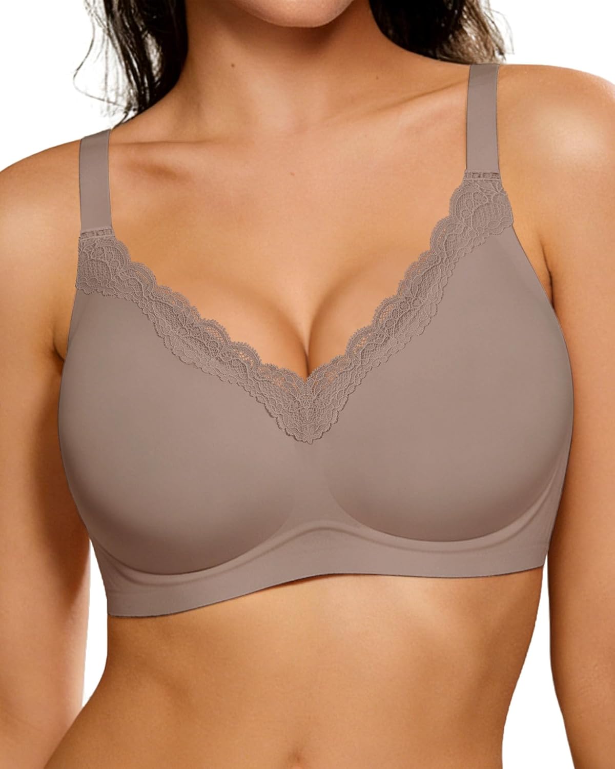 HORISUN Wireless No Underwire Bra for Women V-Neck Lace Trim Jelly Supportive Seamless Bra Comfortable Tshirt Bralette