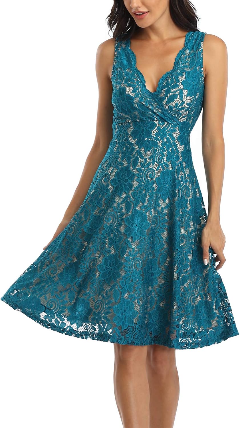 MISS MOLY Women's Floral Lace Overlay Fit and Flare Dress Sexy V-Neck Knee Length Elegant Party Wedding Dress - Image 2