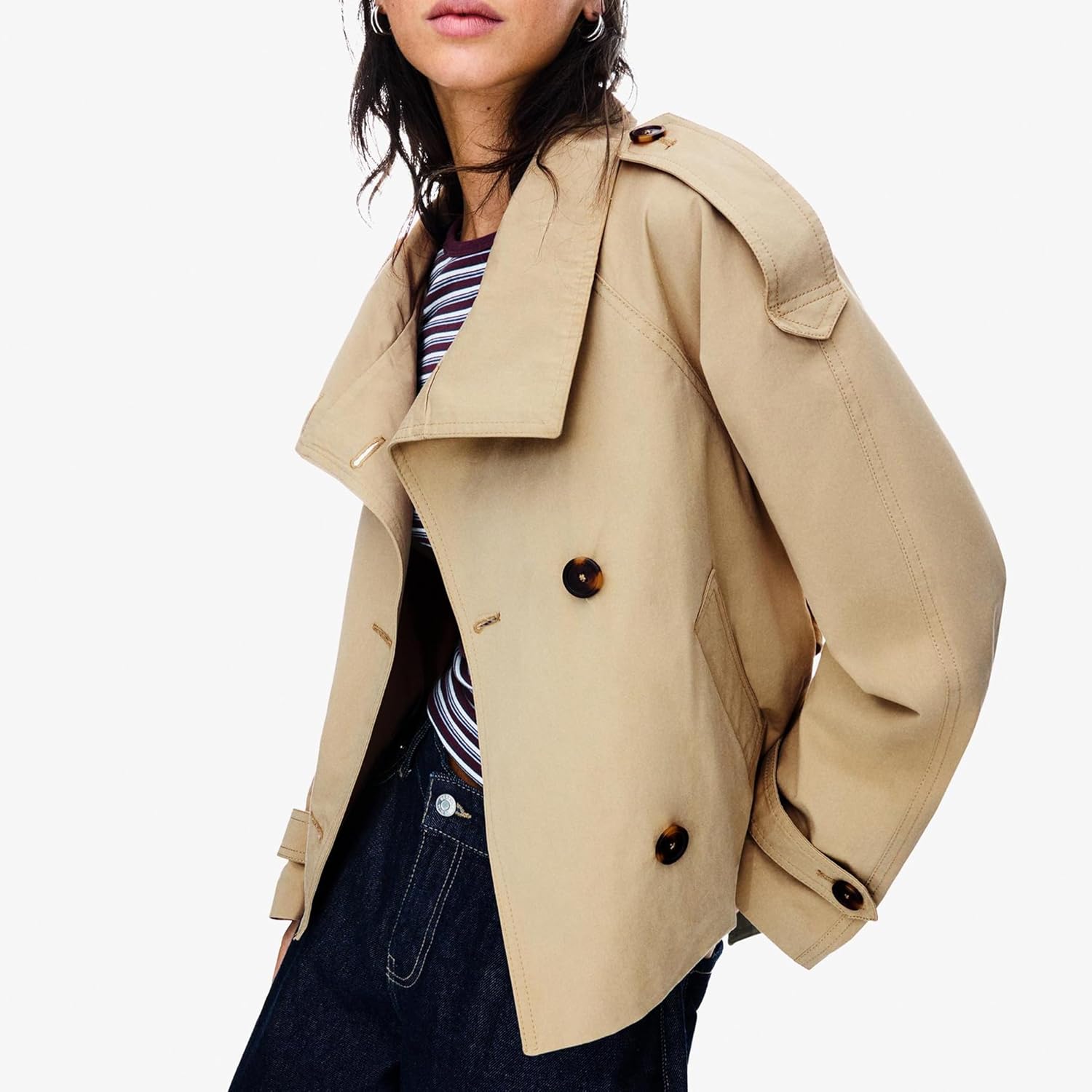 Women's Cropped Trench Coat Double Breasted Short Jacket High Collar Fall Winter Coats Trendy Outfit with Belt - Image 2