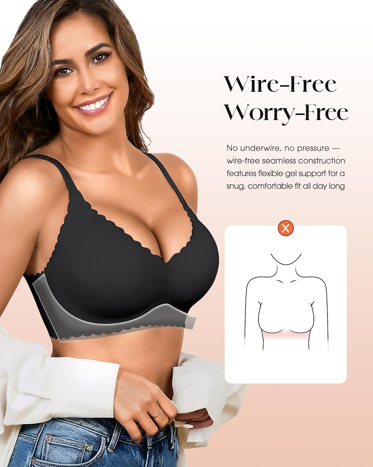 Seamless Jelly Bras for Women 3 Pack - Deep V Wireless Push Up No Wire Womens Bra Padded Comfort with Support for Gifts - Image 5