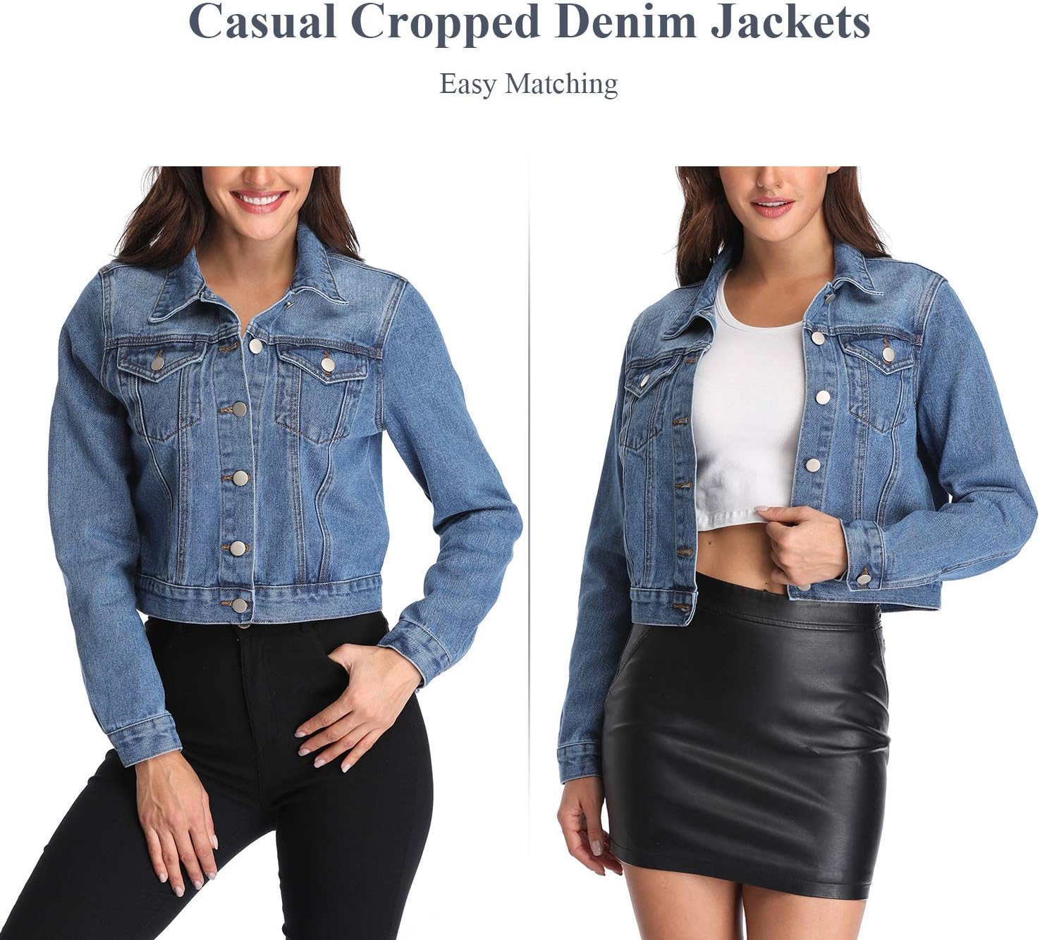 andy & natalie Women's Denim Jackets Cropped Long Sleeve Basic Button Down Crop Jean Shacket with Pockets - Image 6